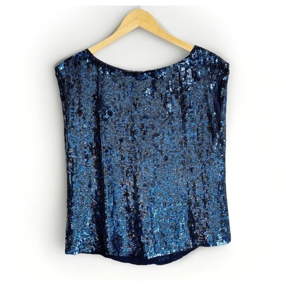 Alice + Olivia Women’s Silk Heavily Sequin Top Blue Size Small Holiday Sparkle - Picture 1 of 10